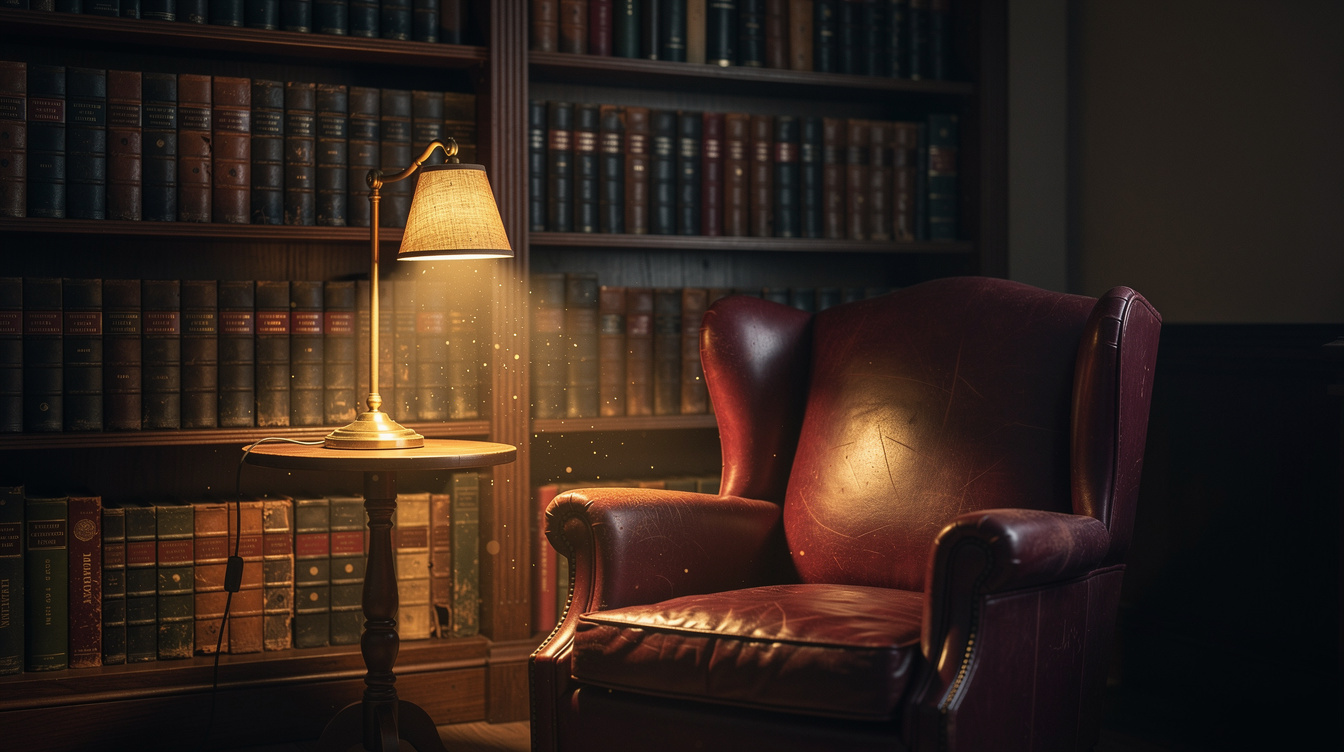 Vintage wooden bookshelf filled with old hardcover mystery novels in a dim reading room